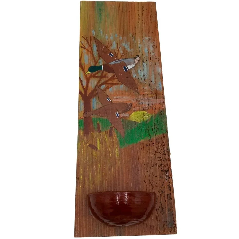 Duck Folk Art Barnwood Wall Pocket Plant Holder Handpainted Mallard OOAK 16 Inch